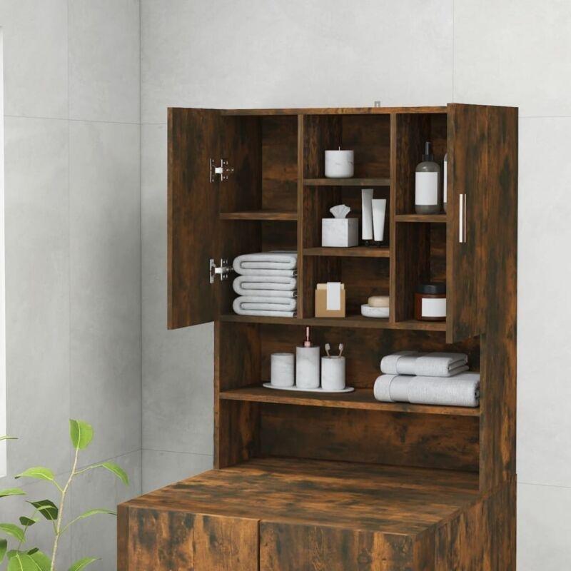 Füme Meşe Kahverengi Endüstriyel Ahşap 2 Kapaklı 9 Bölmeli Çamaşır Makinesi Dolabı-71x26x90 cm - 118117