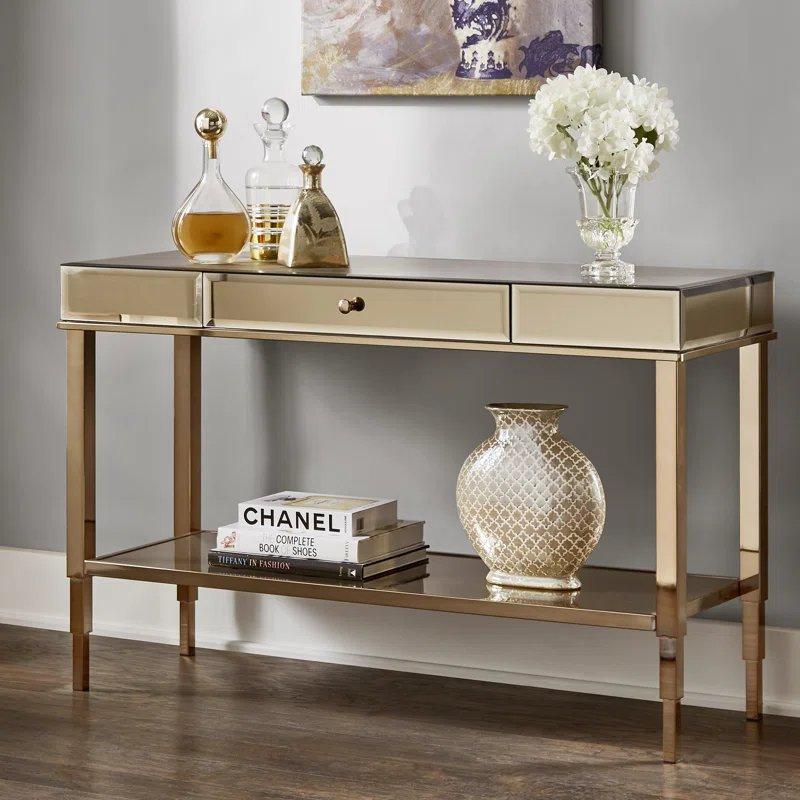 Gold Metal ve Aynalı Çekmeceli Raflı Dresuar - 121x42x77 cm - 131939