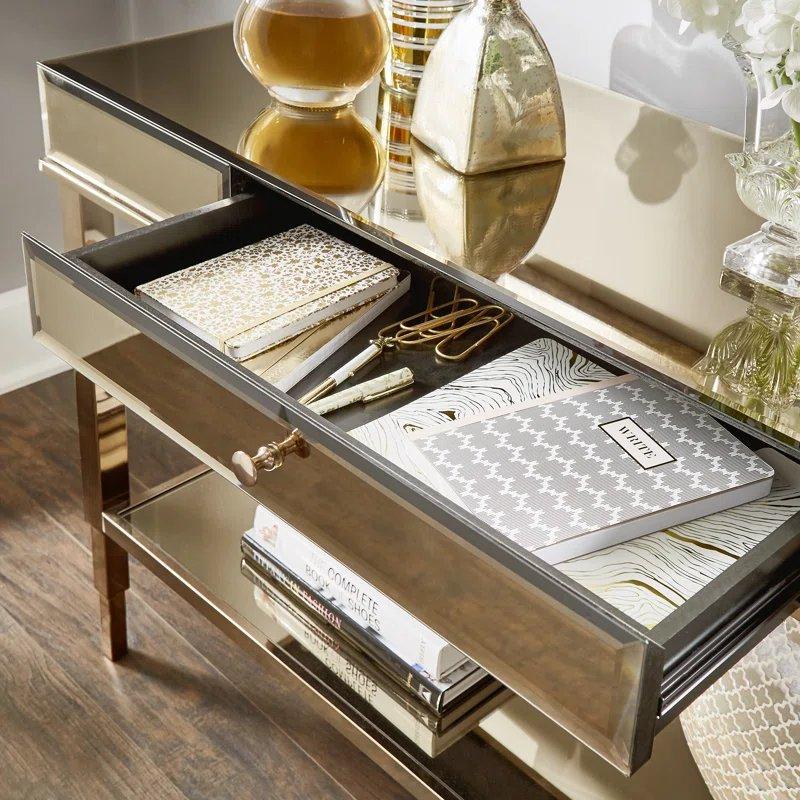 Gold Metal ve Aynalı Çekmeceli Raflı Dresuar - 121x42x77 cm - 131939
