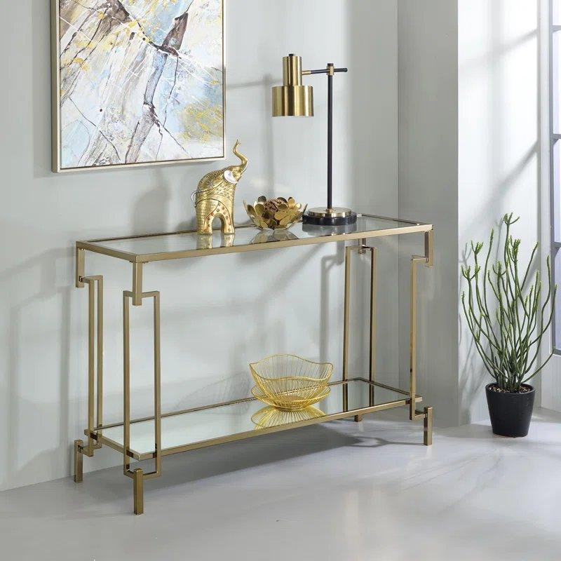 Gold Metal ve Cam Geometrik Ayaklı Raflı Aynalı Dresuar - 110x36x74 cm - 131479