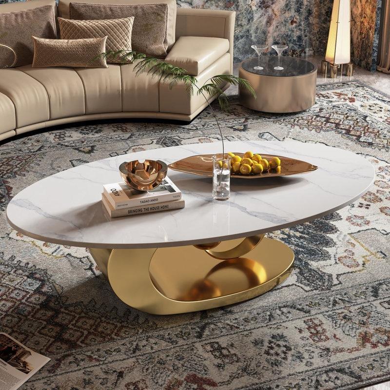 Gold Paslanmaz Çelik Ayaklı Suni Mermer Üst Tabla Oval Cam Sehpa-41x125x71 cm - 117468