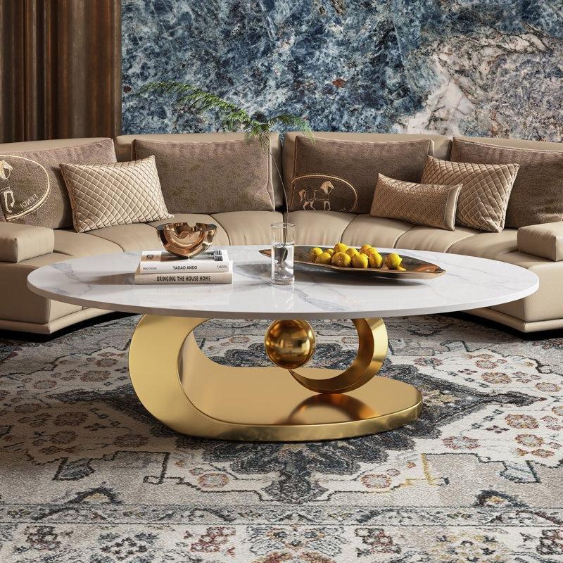 Gold Paslanmaz Çelik Ayaklı Suni Mermer Üst Tabla Oval Cam Sehpa-41x125x71 cm - 117468