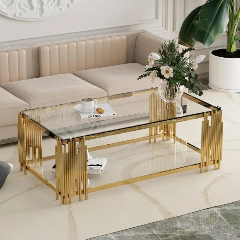 Gold Paslanmaz Çelik İki Katlı Aynalı Cam Sehpa-130x70x45 cm - 117093