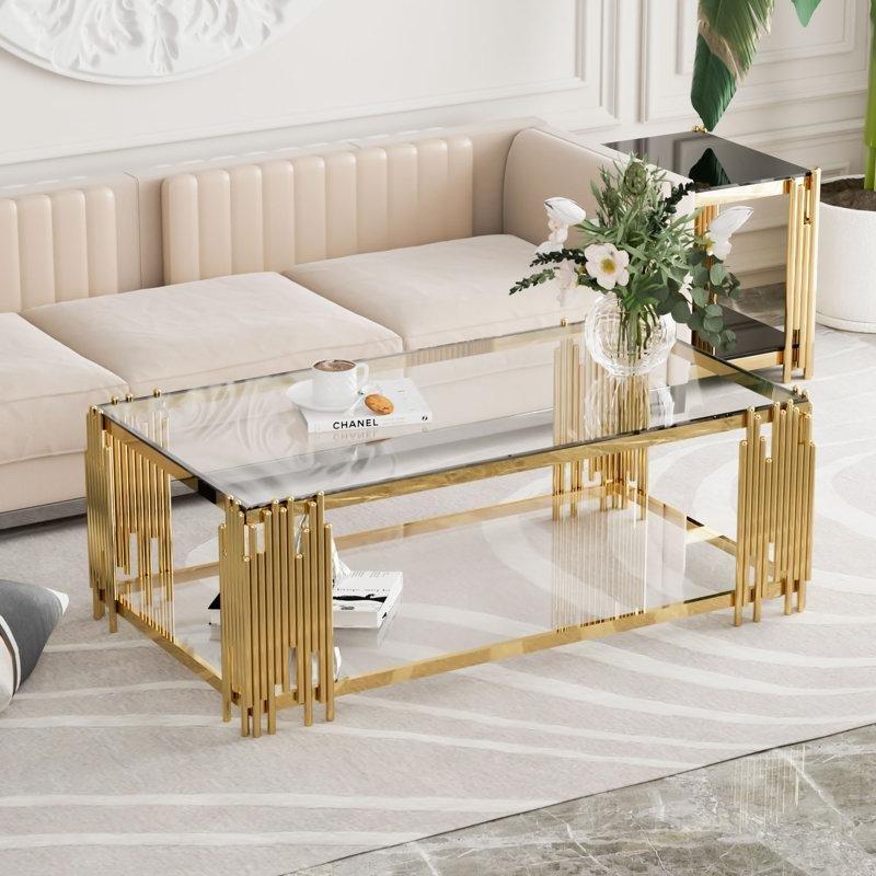 Gold Paslanmaz Çelik İki Katlı Aynalı Cam Sehpa-130x70x45 cm - 117093