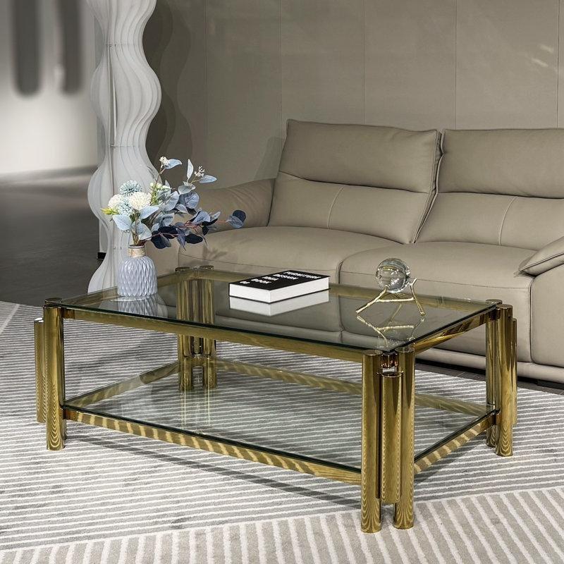 Gold Paslanmaz Çelik İki Katlı Gold Ayaklı Cam Sehpa-44x127x72 cm - 117480