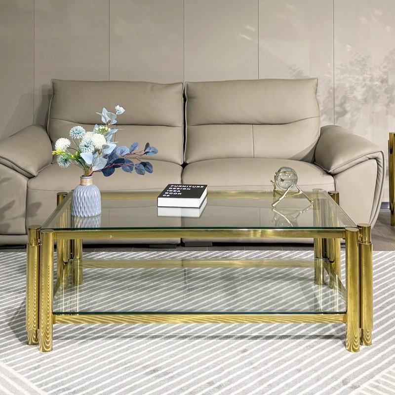 Gold Paslanmaz Çelik İki Katlı Gold Ayaklı Cam Sehpa-44x127x72 cm - 117480