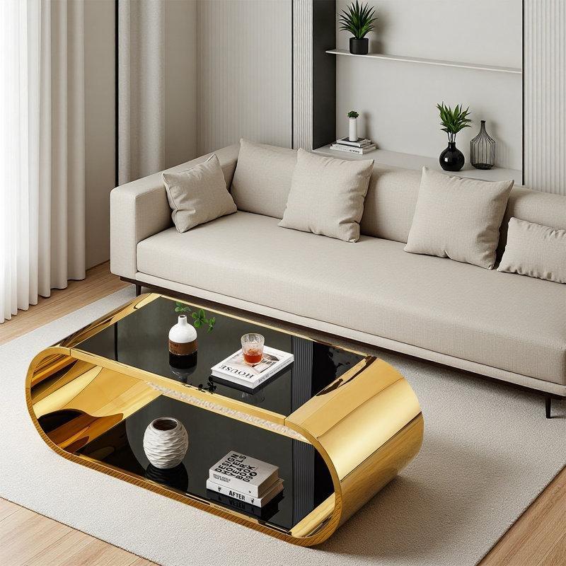 Gold Paslanmaz Çelik İki Katlı Oval Gold Ayaklı Cam Sehpa-145x60x45 cm - 117450