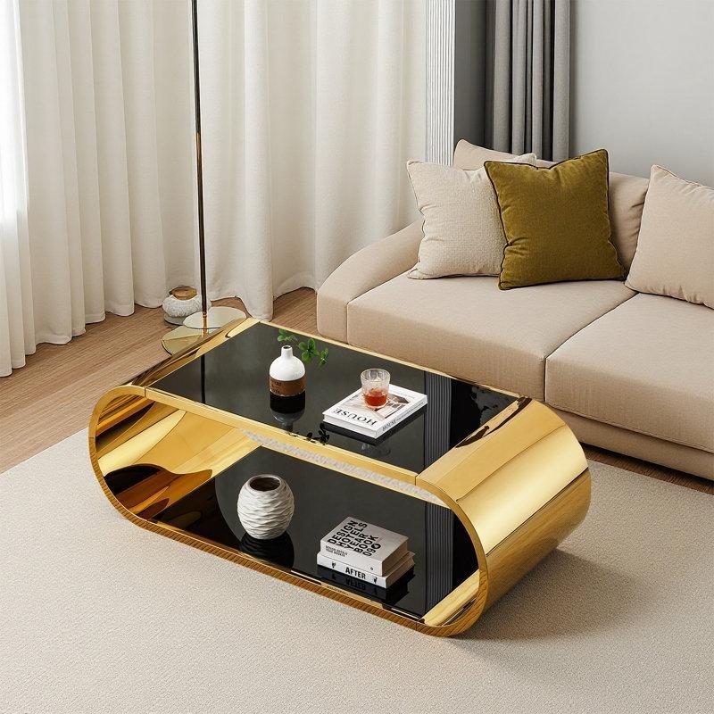 Gold Paslanmaz Çelik İki Katlı Oval Gold Ayaklı Cam Sehpa-145x60x45 cm - 117450