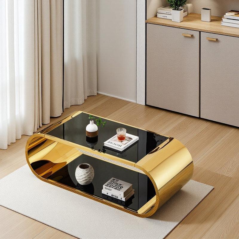 Gold Paslanmaz Çelik İki Katlı Oval Gold Ayaklı Cam Sehpa-145x60x45 cm - 117450