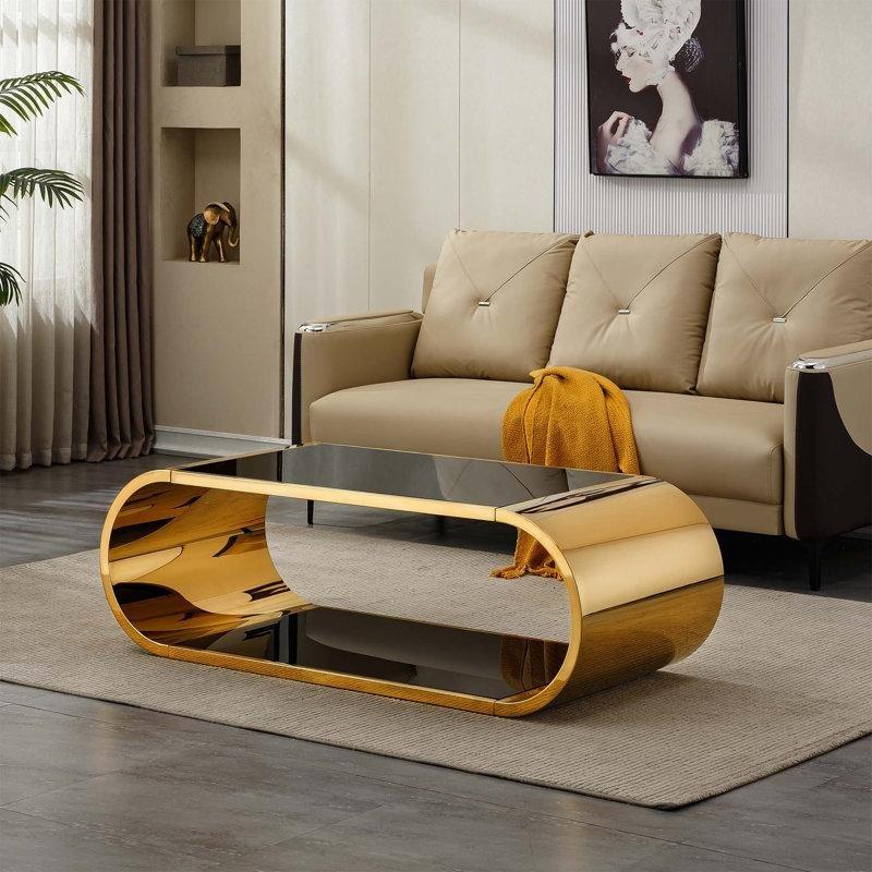 Gold Temperli Cam İki Katlı Gold Ayaklı Cam Sehpa-146x60x45 cm - 117453