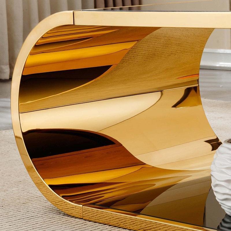 Gold Temperli Cam İki Katlı Gold Ayaklı Cam Sehpa-146x60x45 cm - 117453