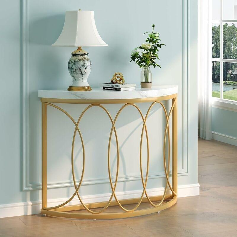 Gold ve Beyaz Mermer Desenli Yarım Ay Tasarımlı Metal Dresuar - 110x35 cm - 133640