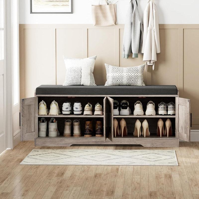 Greige Ahşap Minderli 4 Kapaklı Ayarlanabilir Raflı Ayakkabılık Bench - 116x36x47 cm - 120565