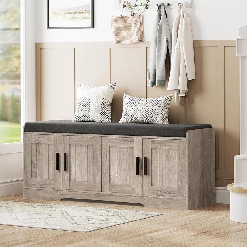 Greige Ahşap Minderli 4 Kapaklı Ayarlanabilir Raflı Ayakkabılık Bench - 116x36x47 cm - 120565