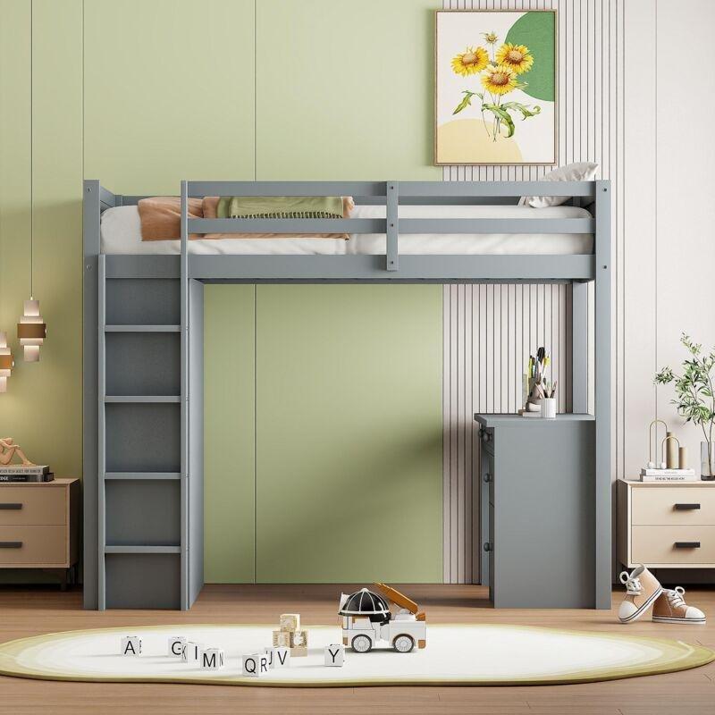 Gri Ahşap Çalışma Masalı ve Raflı Ranza - 90x200 cm - 124927