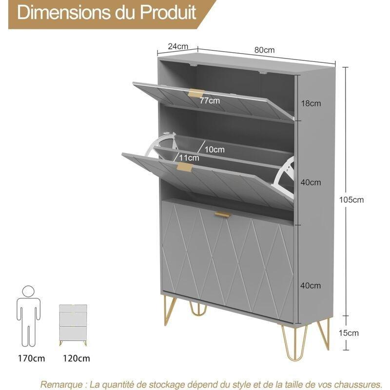 Gri Ahşap Geometrik Desenli Düşer Kapaklı Ayakkabılık - 80x24x120 cm - 119286