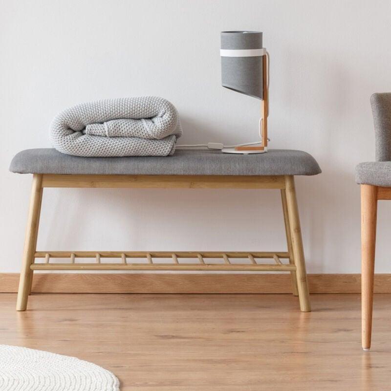 Gri Bambu Kumaş Minderli Raflı Oturaklı Ayakkabılık - 90x30x45 cm - 119616
