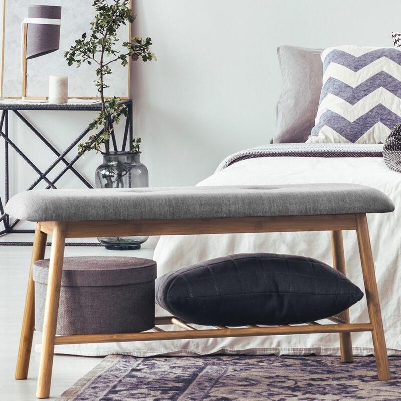 Gri Bambu Kumaş Minderli Raflı Oturaklı Ayakkabılık - 90x30x45 cm - 119616