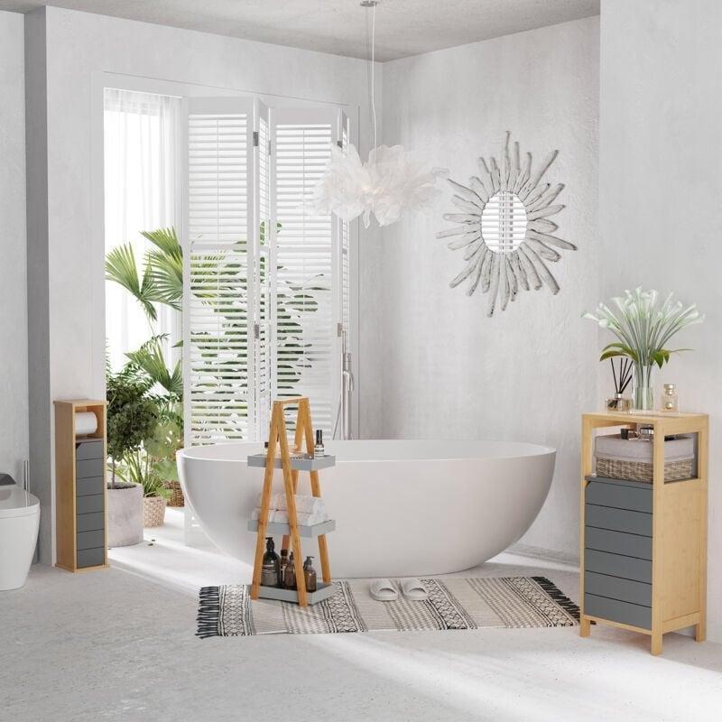 Gri Bambu MDF Raflı Banyo Dolabı-32x30x80 cm - 113761