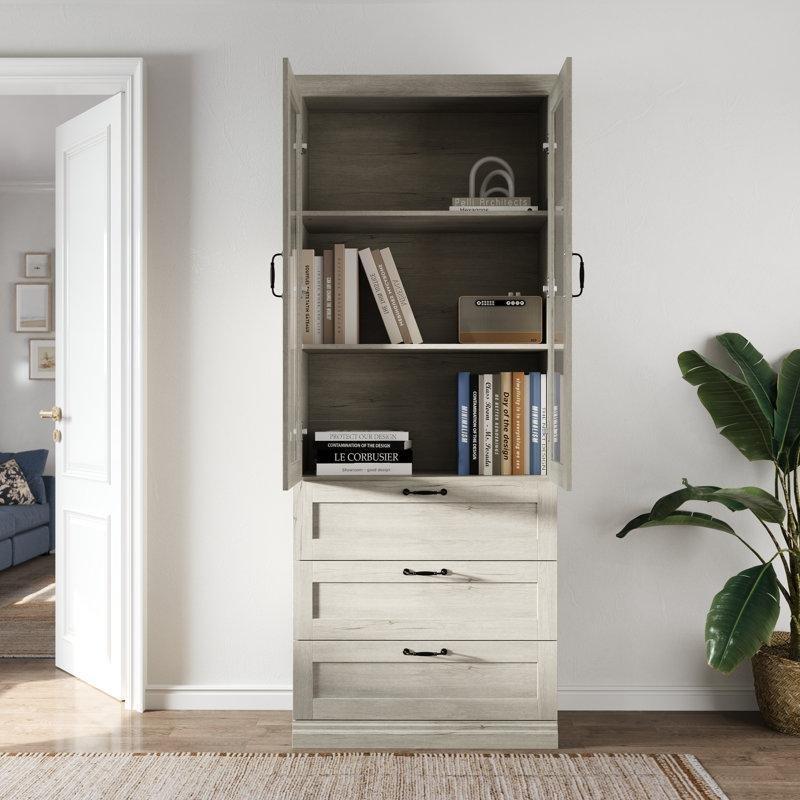 Gri Beyaz Masif ve Endüstriyel Ahşap 3 Çekmeceli Cam Kapaklı Kitaplık - 80x40x203 cm - 141562