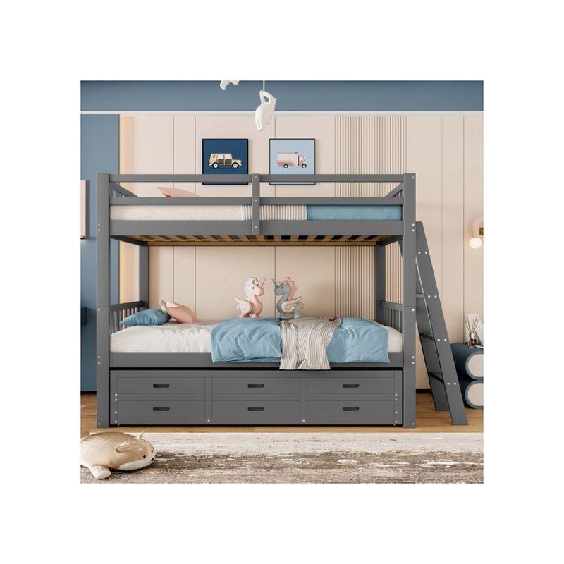 Gri Çam ve MDF 3 Çekmeceli Yavru Yataklı Ranza - 90x200 cm - 125518