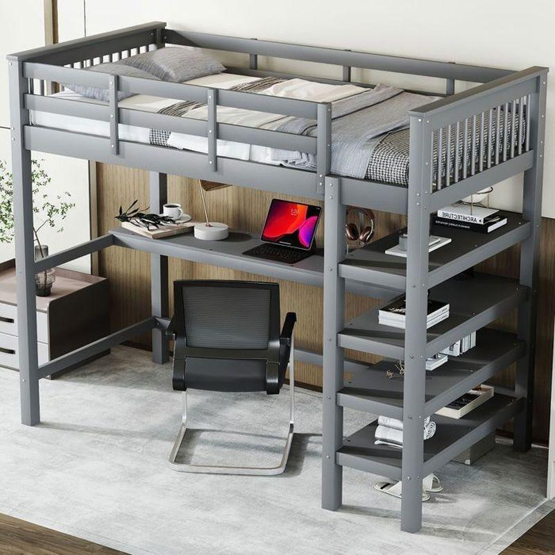 Gri Çam ve MDF Çalışma Masalı Kitaplıklı Ranza - 90x200 cm - 125908