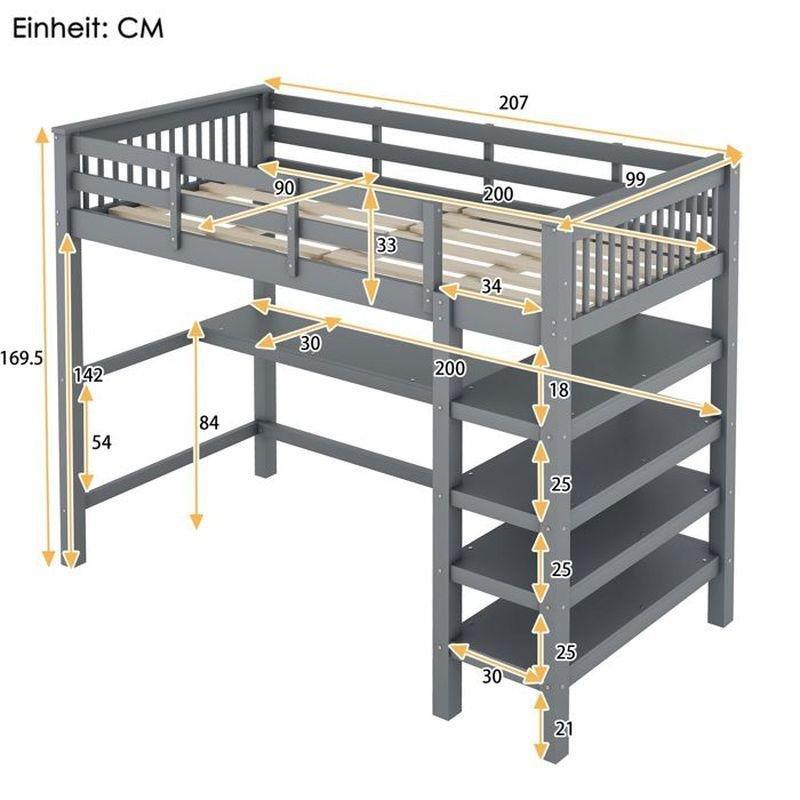 Gri Çam ve MDF Çalışma Masalı Kitaplıklı Ranza - 90x200 cm - 125908