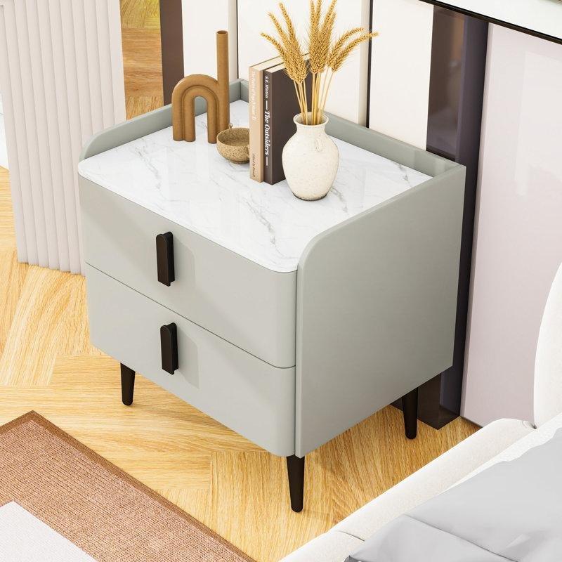 Gri Deri Kaplama Mermer Desenli 2 Çekmeceli Mermer Komodin - 50x40x52 cm - 127969