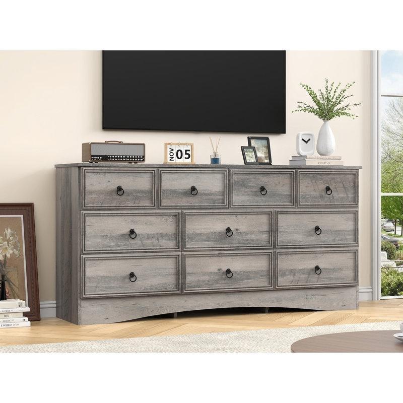 Gri Endüstriyel Ahşap 10 Çekmeceli Vintage Tasarım Şifonyer - 160x40x80 cm - 122797