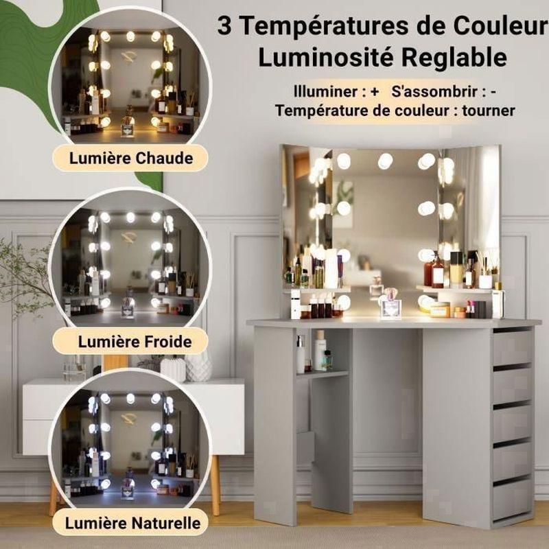 Gri Endüstriyel Ahşap 10 LED Işıklı 3 Aynalı 5 Çekmeceli Köşe Makyaj Masası - 112x50x143 cm - 122113