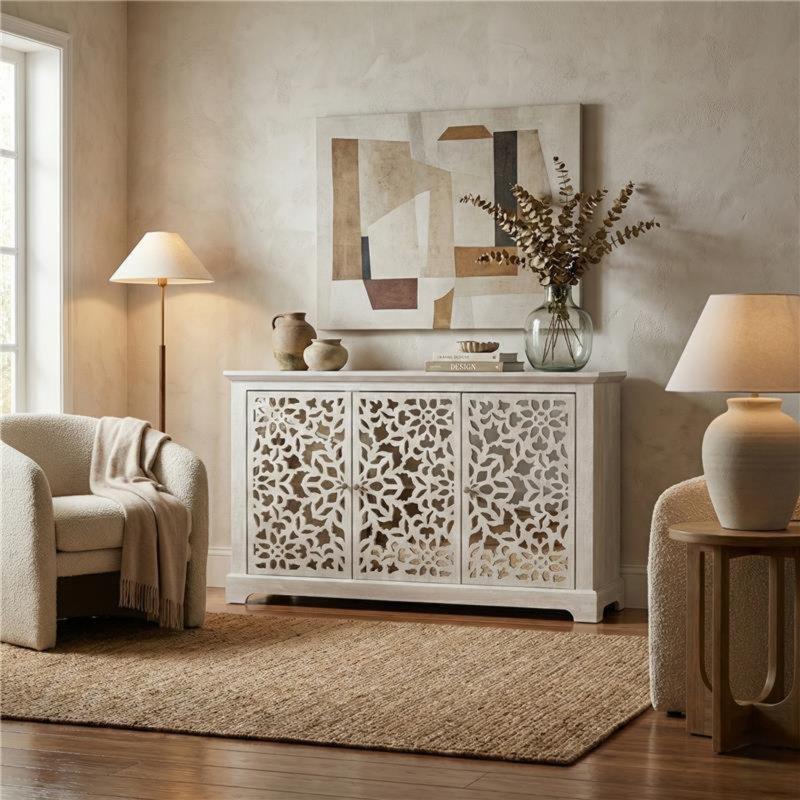 Gri Endüstriyel Ahşap Aynalı ve Desenli Kapaklı Konsol - 117x40x75 cm - 128842