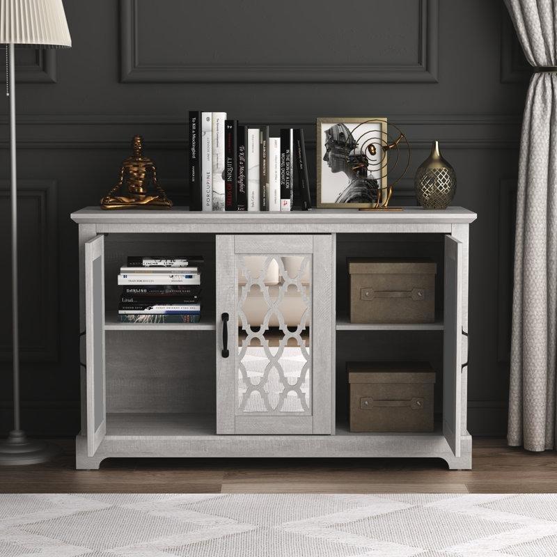 Gri Endüstriyel Ahşap Aynalı ve Kafes Desenli Konsol - 117x40x75 cm - 128869