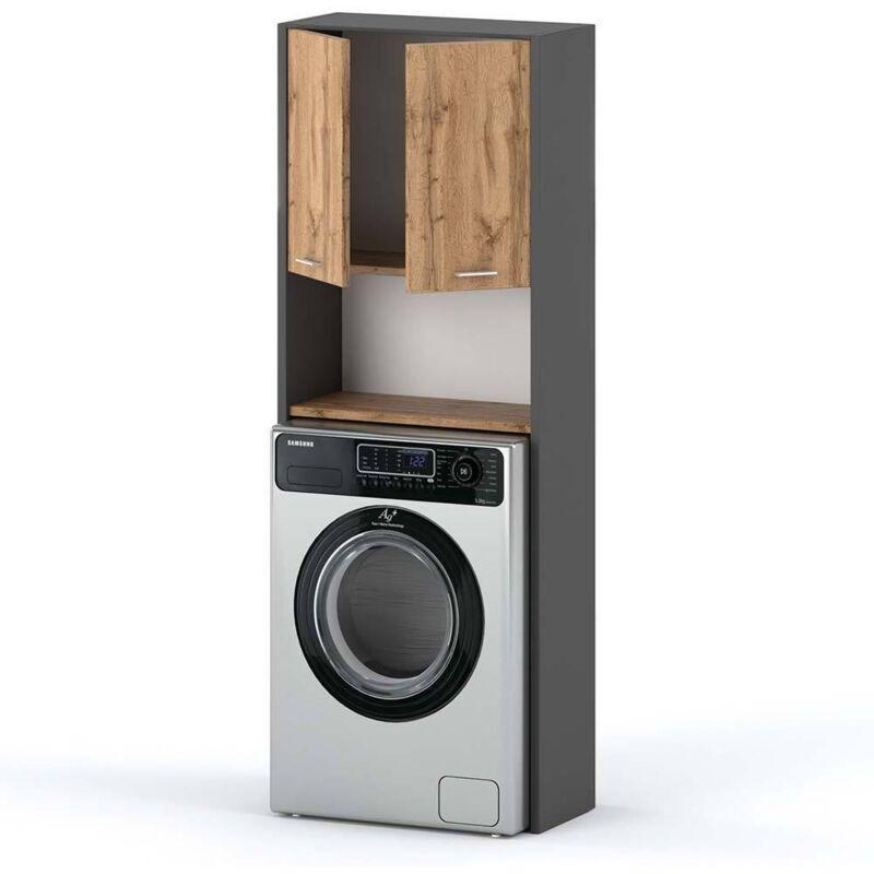 Gri Endüstriyel Ahşap Kulpsuz Raflı Çamaşır Makinesi Dolabı-64x165x30 cm - 118046