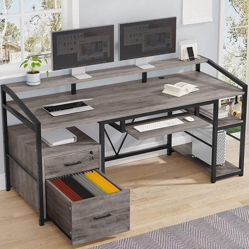 Gri Endüstriyel Ahşap LED Işıklı Bilgisayar Masası-90x161x56 cm - 116889