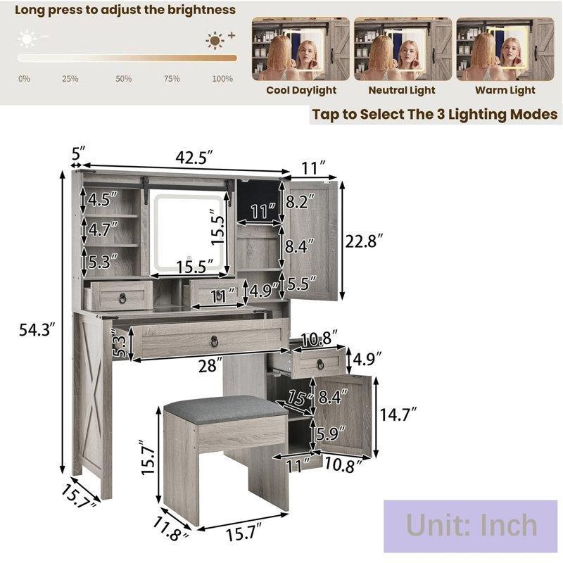 Gri Endüstriyel Ahşap LED Işıklı ve Prizli Dolaplı Makyaj Masası - 108 cm - 121528