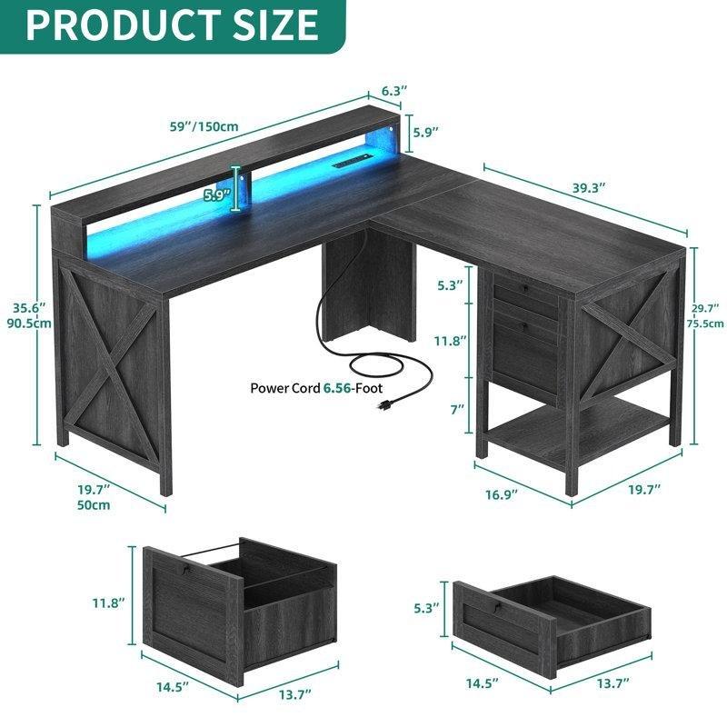 Gri Endüstriyel Ahşap Ledli L Şekilli Bilgisayar Masası-91x150x99 cm - 116733