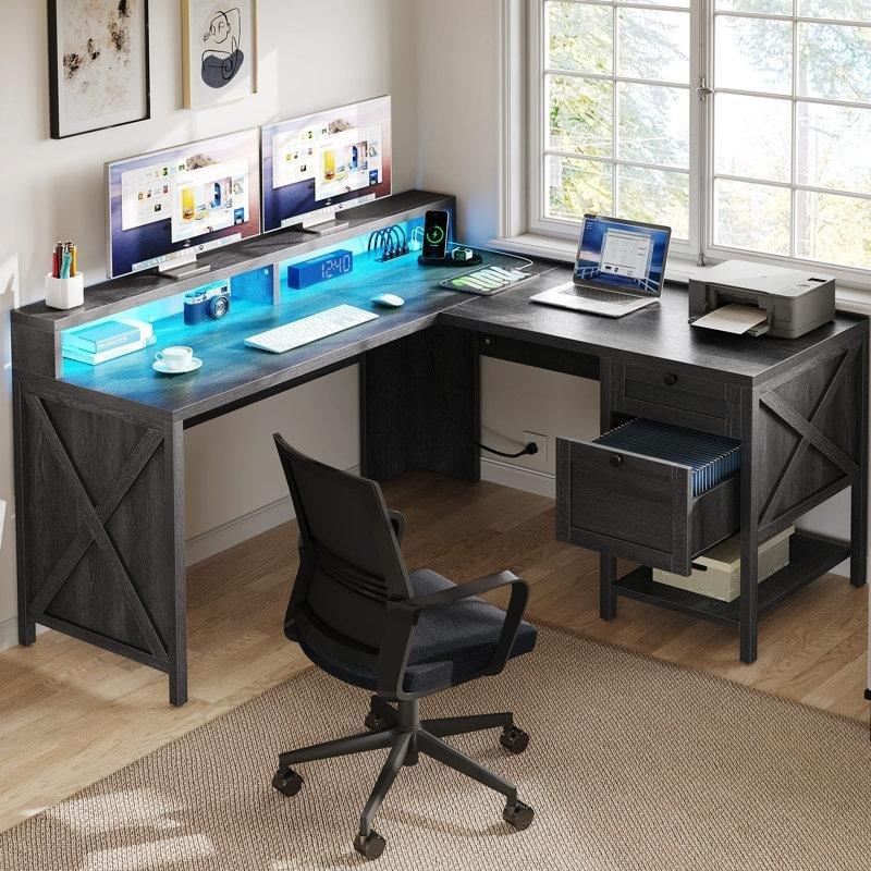 Gri Endüstriyel Ahşap Ledli L Şekilli Bilgisayar Masası-91x150x99 cm - 116733