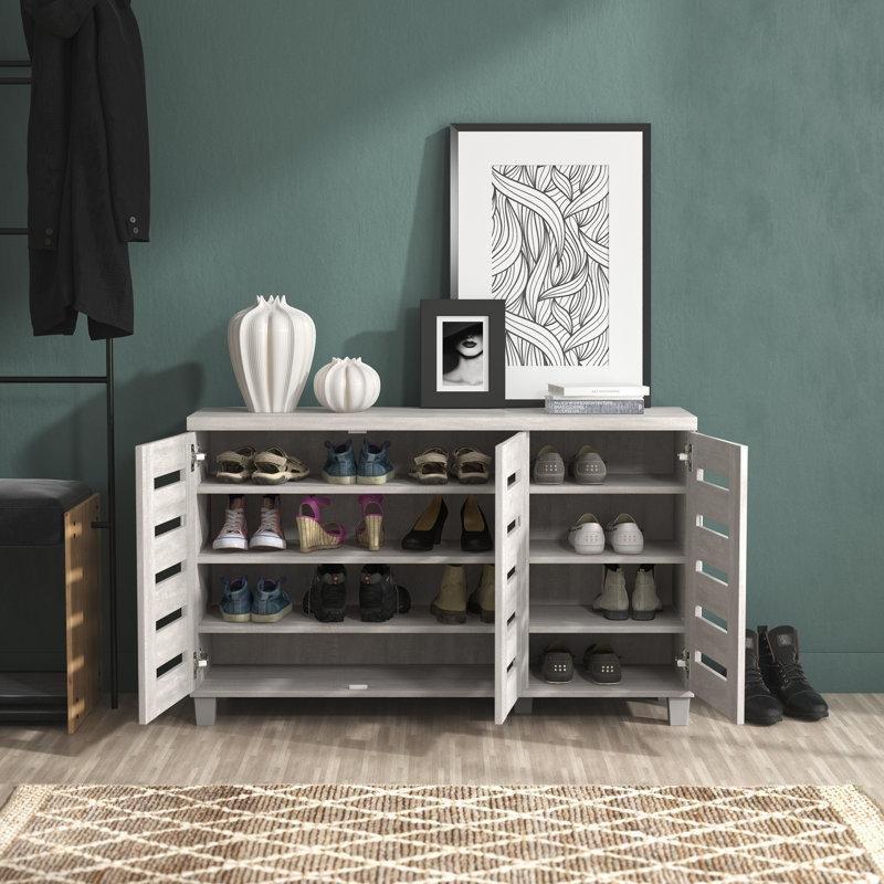 Gri Endüstriyel Ahşap Panjurlu 3 Kapaklı Ayakkabılık - 116x72 cm - 120907
