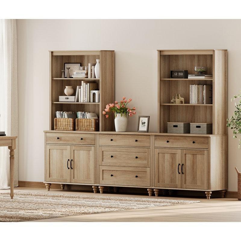 Gri Eskitme Masif ve Endüstriyel Ahşap 5 Çekmeceli 2 Dolaplı Geniş Kitaplık - 250x40x184 cm - 141715