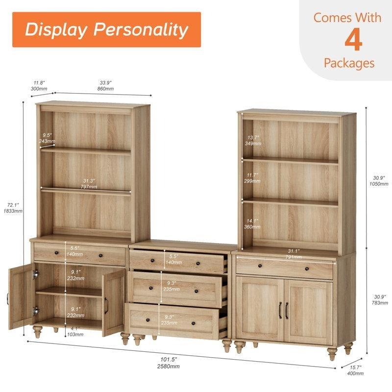 Gri Eskitme Masif ve Endüstriyel Ahşap 5 Çekmeceli 2 Dolaplı Geniş Kitaplık - 250x40x184 cm - 141715