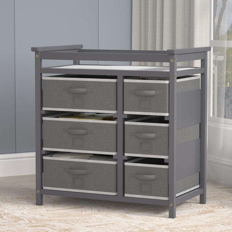 Gri Kavak Ağacı İskeletli 6 Kumaş Çekmeceli Minderli Bebek Bakım Şifonyer - 87x53x84 cm - 122458