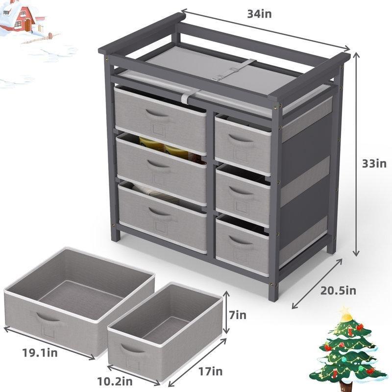 Gri Kavak Ağacı İskeletli 6 Kumaş Çekmeceli Minderli Bebek Bakım Şifonyer - 87x53x84 cm - 122458