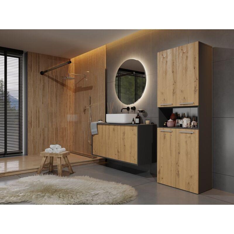 Gri Lamineli Yonga Levha Kirli Sepetli Raflı Banyo Dolabı-174x60x30 cm - 113787