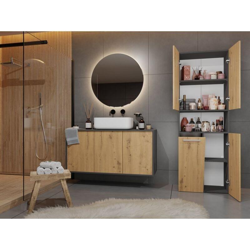 Gri Lamineli Yonga Levha Kirli Sepetli Raflı Banyo Dolabı-174x60x30 cm - 113787