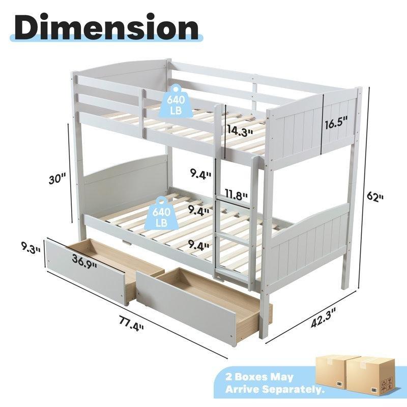 Gri Masif Ahşap Ayrılabilir ve Çekmeceli Ranza - 108x197 cm - 124650