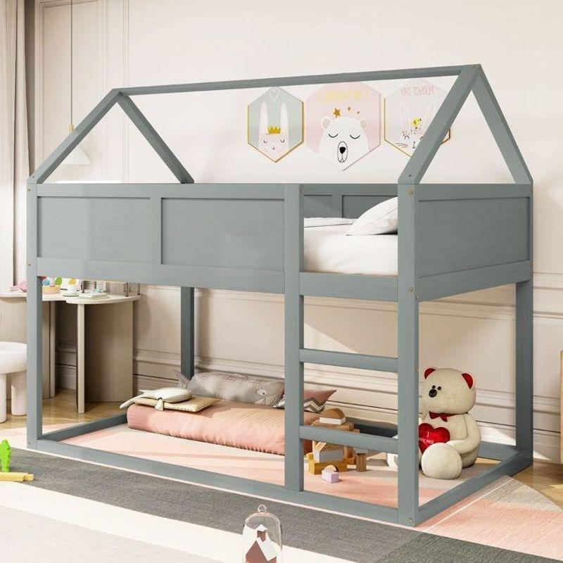 Gri Masif Ahşap Çatılı Ev Tasarımlı Merdivenli Ranza - 90x200 cm - 125407