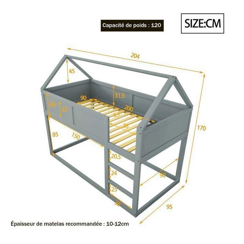 Gri Masif Ahşap Çatılı Ev Tasarımlı Merdivenli Ranza - 90x200 cm - 125407