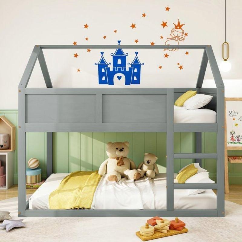 Gri Masif Ahşap Çatılı Merdivenli Montessori Ranza - 90x200 cm - 125566