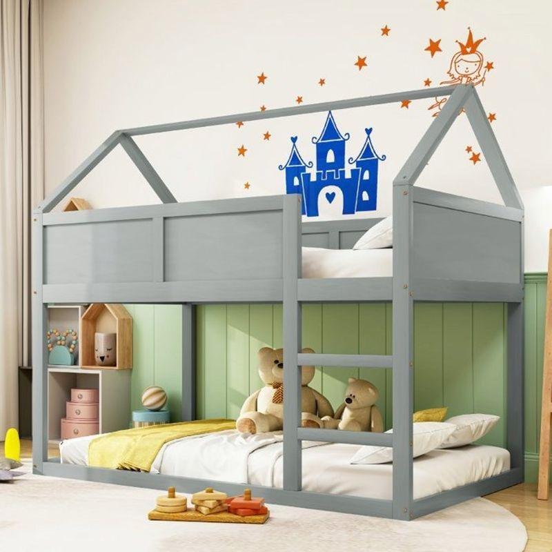 Gri Masif Ahşap Çatılı Merdivenli Montessori Ranza - 90x200 cm - 125566