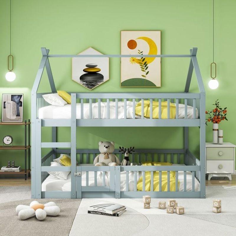 Gri Masif Ahşap Çatılı ve Merdivenli Montessori Ranza - 140x200 cm - 125431